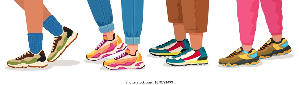 Feet in sneakers. Female and male walking legs in sport shoes with socks, pants and jeans. Trendy fashion fitness footwear vector concept. Colorful comfortable trainers on young people