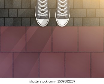 Feet in sneakers on cobblestone pavers and granite tiles. Concept of walking trip and exploring the city. Illustration of a self-guided tour of cities and streets. Vector Illustration