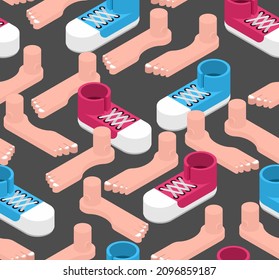 Feet and Sneakers pattern seamless. Toes and shoes background. vector texture