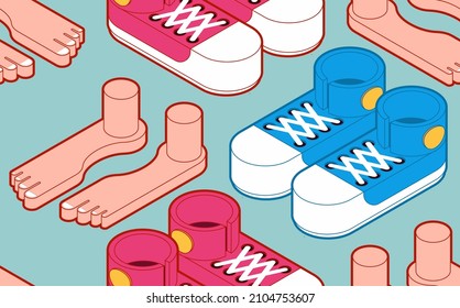 Patrón de pies y zapatillas sin inconvenientes. Los dedos de las manos y los zapatos de fondo. textura vectorial