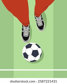 Feet in sneakers top view and footballs. Modern sport boots at stadium lawn, kicking ball. Field professional, print and poster vertical design cartoon flat style isolated vector concept