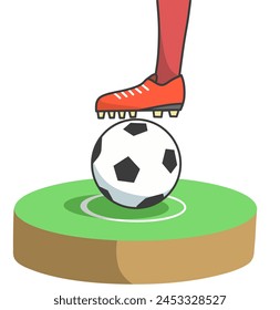 the feet of a soccer player balancing a soccer ball on a green circular platform. The player is wearing red soccer shoes