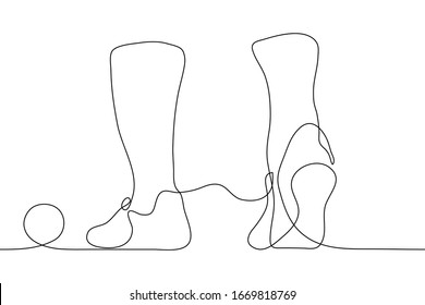 The feet of a soccer player and a soccer ball in the background. One continuous line. Black outline silhouette of legs in golfs and sneakers in front of the ball. Can be used for animation