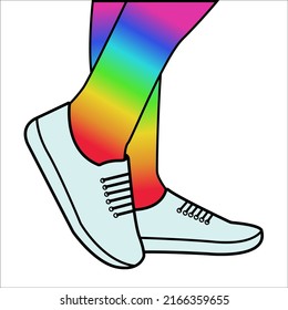 Feet in socks are painted in rainbow colors, feet in sneakers. Vector drawing.