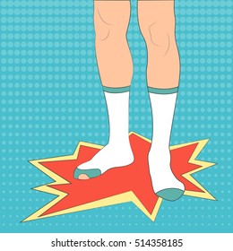 Feet in socks Vector illustration Slim male feet in holey socks Pop art style