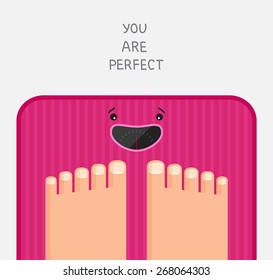 Feet are standing at pink bathroom scales with happy dial. Motivation to be healthy. Stylized drawing.