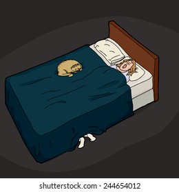 Feet sticking out from under bed of cat and woman
