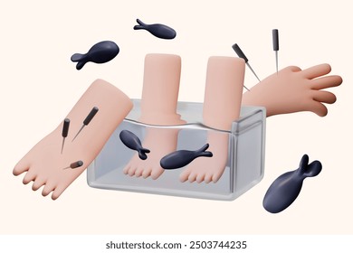 Feet in transparent tub of water. Advertisement of acupuncture and fish peeling
