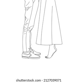Feet of two lovers, bride and groom on their wedding day. The guy in the shoes, the girl is barefoot. Romantic Outdoor with summer season nature on background. Vector otuline doodle illustration.