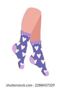 Feet in violet socks. Fashion, trend and style. Sticker for social networks and messengers. Warm and cotton clothing. Footwear and clothes. Cartoon flat vector illustration