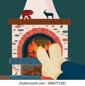 Feet in warm socks by the fireplace. A cozy evening at home, a person is resting and warming up.Vector illustration