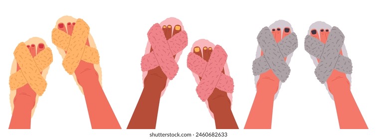 Feet wearing domestic slippers. Female home footwear, feet with cute pedicure in fluffy house shoes flat vector illustration set. Cozy faux fur indoor shoes