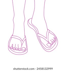 Feet wearing flip flops - hand drawn linear vector illustration isolated on white.