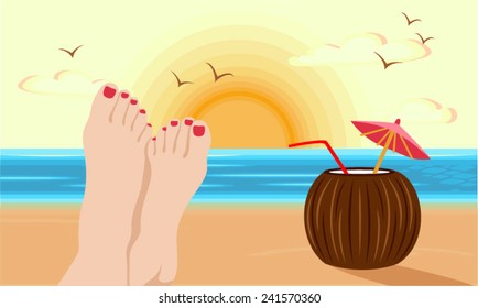 Feet of woman directed the sun and enjoying the beach with a coconut drink
