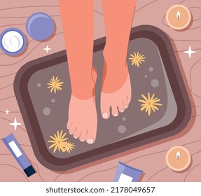 Feets In Basin. SPA And Beauty Treatments, Health And Care. Youth And Hygiene. Beautiful Legs Of Woman In Hot Water, Flowers And Creams, Cosmetic Procedures. Cartoon Flat Vector Illustration