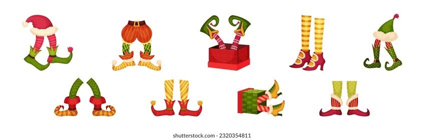 Feets of Christmas Elf and Leprechaun in Boots and Bright Stockings Vector Set