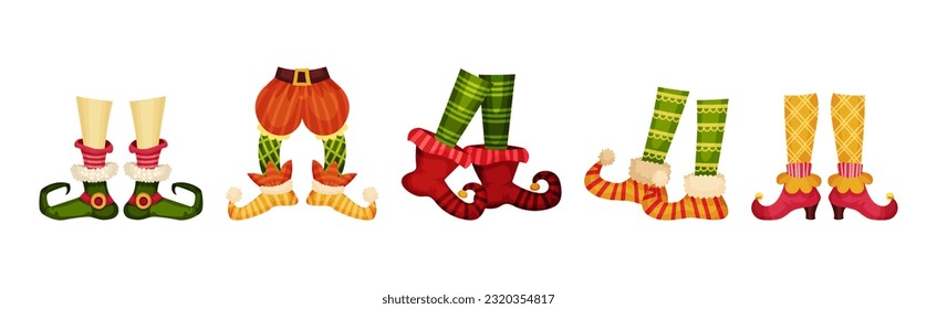 Feets of Christmas Elf and Leprechaun in Boots and Bright Stockings Vector Set
