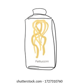 Feettuccini. Pasta in a jar simple linear drawing. Line art. Italian cuisine, pasta. Vector Illustration. Realistic dry macaroni, for cards, posters, postcard  design, logo, for printed matter.