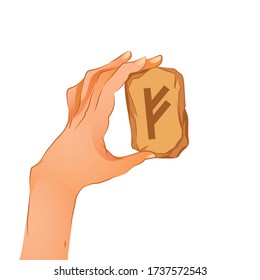 Fehu. Hand holds a stone with a rune. Website design element. Fortune telling. Magic. Vector illustration.