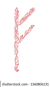 Fehu rune. Ancient Scandinavian runes. Runes senior futarka. Magic, ceremonies, religious symbols. Predictions and amulets. White background and red ornament