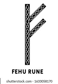 Fehu rune. Ancient Scandinavian runes. Runes senior futarka. Magic, ceremonies, religious symbols. Predictions and amulets. Ornament lightning. White background, black runes and white ornament