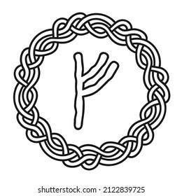Fehu rune in a circle - an ancient Scandinavian symbol or sign, amulet. Viking writing. Hand drawn outline vector illustration for websites, games, engraving and print.