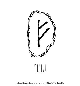 Fehu rune written on a stone. Vector illustration. Isolated on white. Hand-drawn style.
