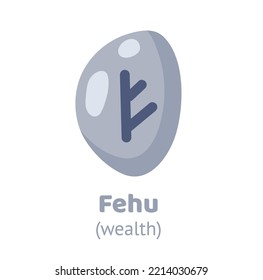 Fehu (wealth) rune, runic inscription engraving on grey stone. Magic, witchcraft, game element. Nordic alphabet, viking letter. Hand drawn flat vector illustration.