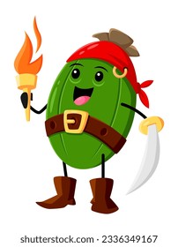 Feijoa fruit pirate and corsair character with sword and torch, hunting for treasures in tropical jungle. Brave, adventurous and determined rover juicy fruit personage fighting off dangerous enemies