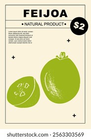 Feijoa. Set of posters of fruits and citrus in a abstract draw design. Label or poster, price tag. Simple, flat design. Patterns and backgrounds. Perfect for poster, cover, banner.	