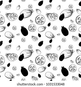 Feijoa vector icon, hand drawn sketch of tropical exotic green fruit, template for menu, diet infographics, sticker, flyer, print