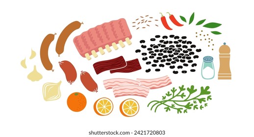 Feijoada or black beans stew fresh raw ingredients set. Flat vector illustration isolated on white background.