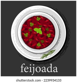 Feijoada, Latin American cuisine, Brazilian national cuisine. Food illustration, vector. Feijoada is vegan. A dish with a name.