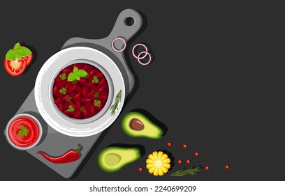 Feijoada, Latin American cuisine, Brazilian national cuisine. Food illustration, vector. Feijoada is vegan. A dish with a name.