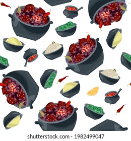 Feijoada (stew of beans with beef and pork). National dish in Portugal, Brazil. Seamless background pattern. Vector illustration