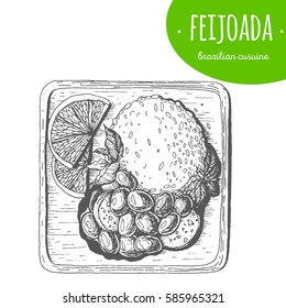 Feijoada top view vector illustration. Brazilian cuisine. Linear graphic.