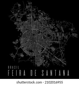 Feira de Santana city vector map poster. Brazil municipality square linear street map, administrative municipal area, white lines on black background, with title.