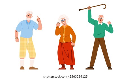 feisty aggressive old people vector. b spirited, tenacious strong, willed determined feisty aggressive old people character. people flat cartoon illustration