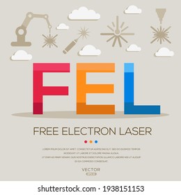 FEL: acrónimos láser (láser electrónico libre) láser, letras e iconos, ilustración vectorial.
