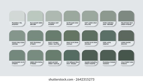 Feldgrau Color Palette. Feldgrau color Tone Swatch Chart with HEX Codes and Color Names. Earthy Green Gray Variants. Bluish and Steel Tints forest colure Palette. army green color palette design eps