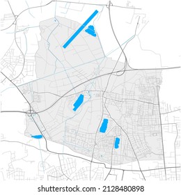 Feldmoching-Hasenbergl, München, DEUTSCHLAND, high detail vector map with city boundaries and editable paths. White outlines for main roads. Many smaller paths. Blue shapes and lines for water.