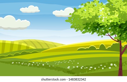 Felds and hills rural landscape. Cartoon countryside valley with green hills trees flowers blue sky and curly clouds. Vector nature horizon pasture view isolated background