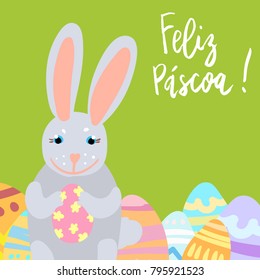 Felic Pascoa (Happy Easter) card template with cute bunny portrait surrounded by decorated eggs with hand written lettering.