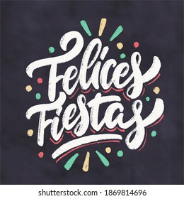 Felices Fiestas. Happy Holidays in spanish. Merry Christmas vector chalkboard sign.