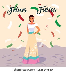 felices fiestas label with woman with mexican typical costume vector illustration design