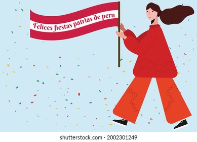 Felices fiestas patrias .English Translation:  Independence Day of Peru.girl holding Peru Flag