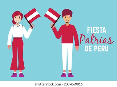 Felices fiestas patrias .English Translation:  Independence Day of Peru. Peru people holding peru flag isolated on abstract background