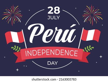 Felices Fiestas Patrias oder Cute Cartoon Illustration zum peruanischen Unabhängigkeitstag mit Flag für National Holiday Peru Feier am 28. Juli auf flatschigem Hintergrund