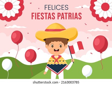 Felices Fiestas Patrias or Peruvian Independence Day Cartoon Illustration with Flag and Cute People for National Holiday Peru Celebration on 28 july in Flat Style Background