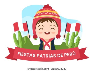 Felices Fiestas Patrias or Peruvian Independence Day Cartoon Illustration with Flag and Cute People for National Holiday Peru Celebration on 28 july in Flat Style Background